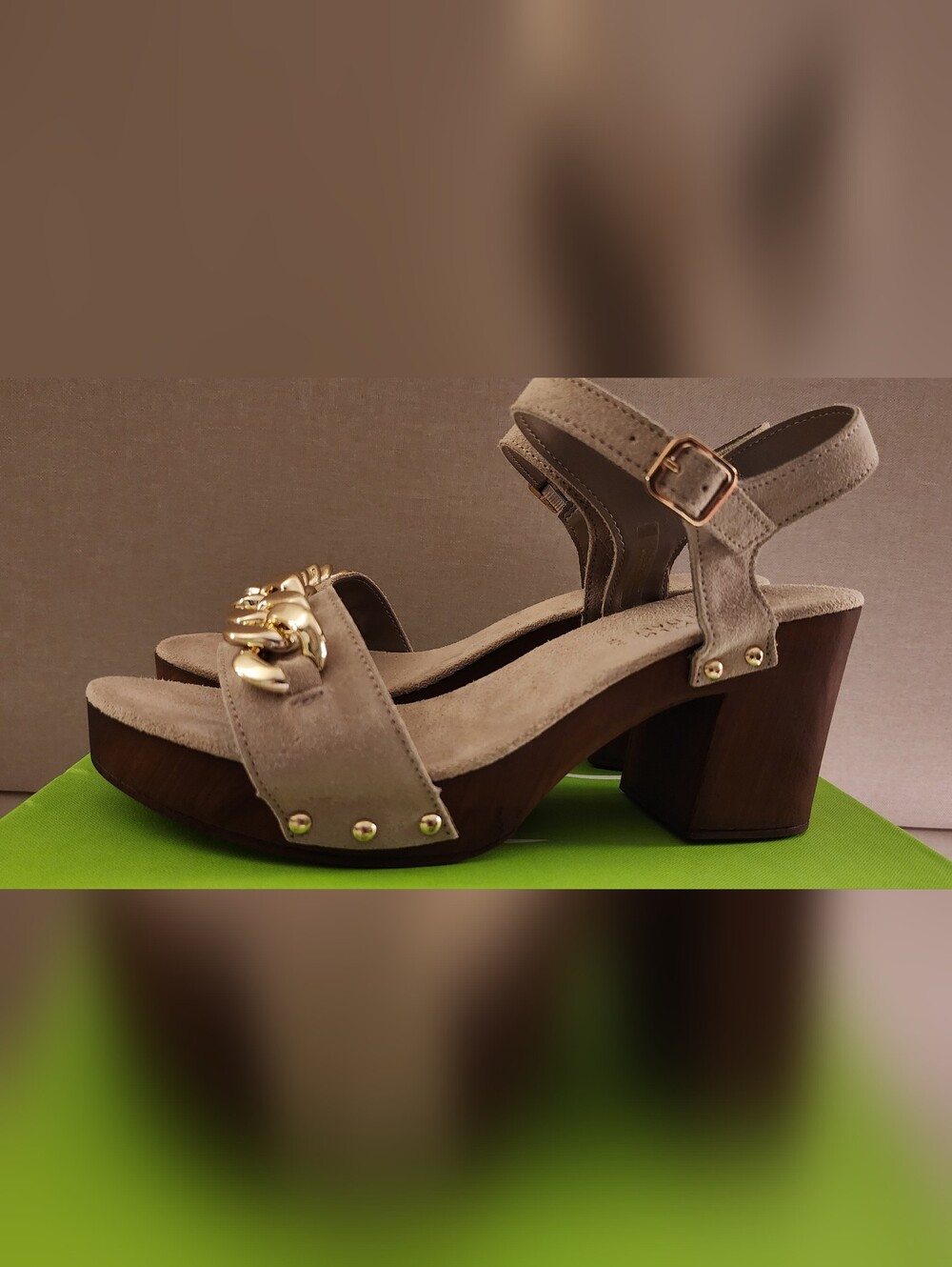 Bella Vita Leather Ankle-Strap Block Heels With Gold Chain Detail.